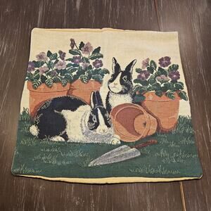 Vintage Woven Tapestry Rabbit Garden Pillow Cover 16.5x16.5 - Missing 1 Snap